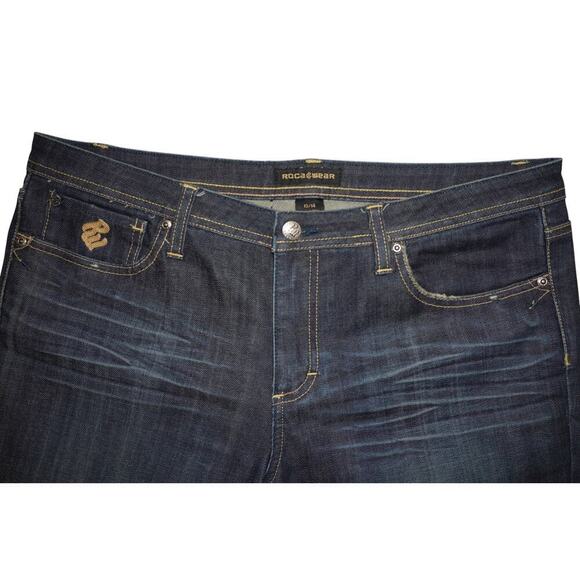 Rocawear Women’s Flare Leg Jeans Size 13 Dark Wash Embroidered Pocket Mid Rise - Picture 3 of 6